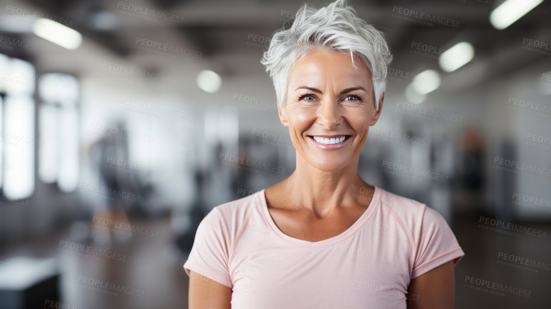 Buy stock photo Senior woman  posing in gym. Confident smile. Looking at camera.