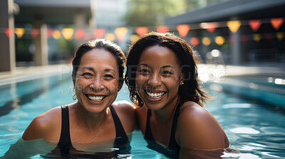 Buy stock photo Group of senior women in pool on vacation. Happy friends on holiday.