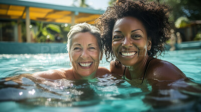 Buy stock photo Group of senior women in pool on vacation. Happy friends on holiday.