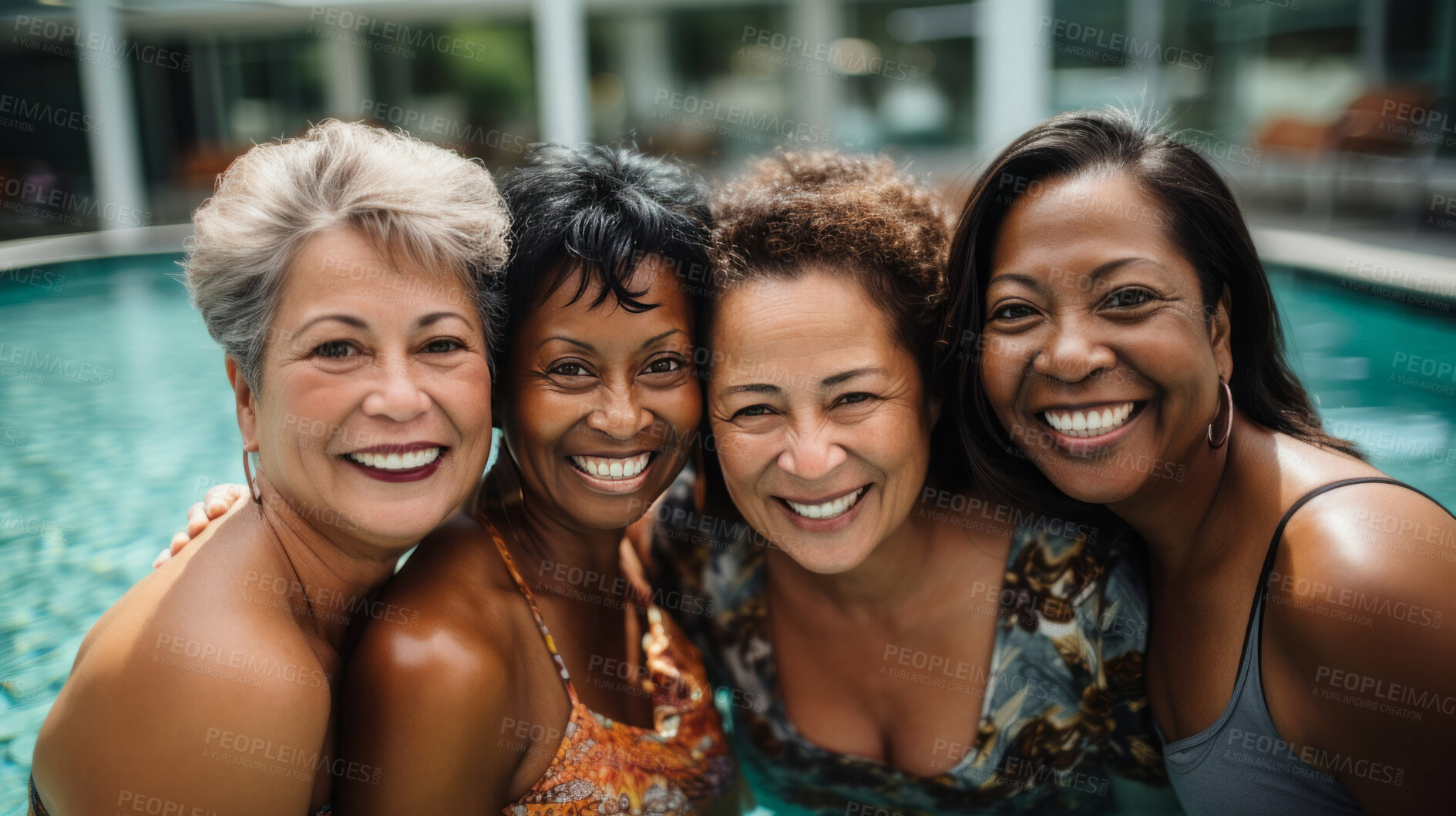 Buy stock photo Group of senior women in pool on vacation. Happy friends on holiday.