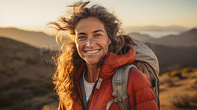 Buy stock photo Close-up portrait of woman smiling at camera during hike. Sunset or sunrise.