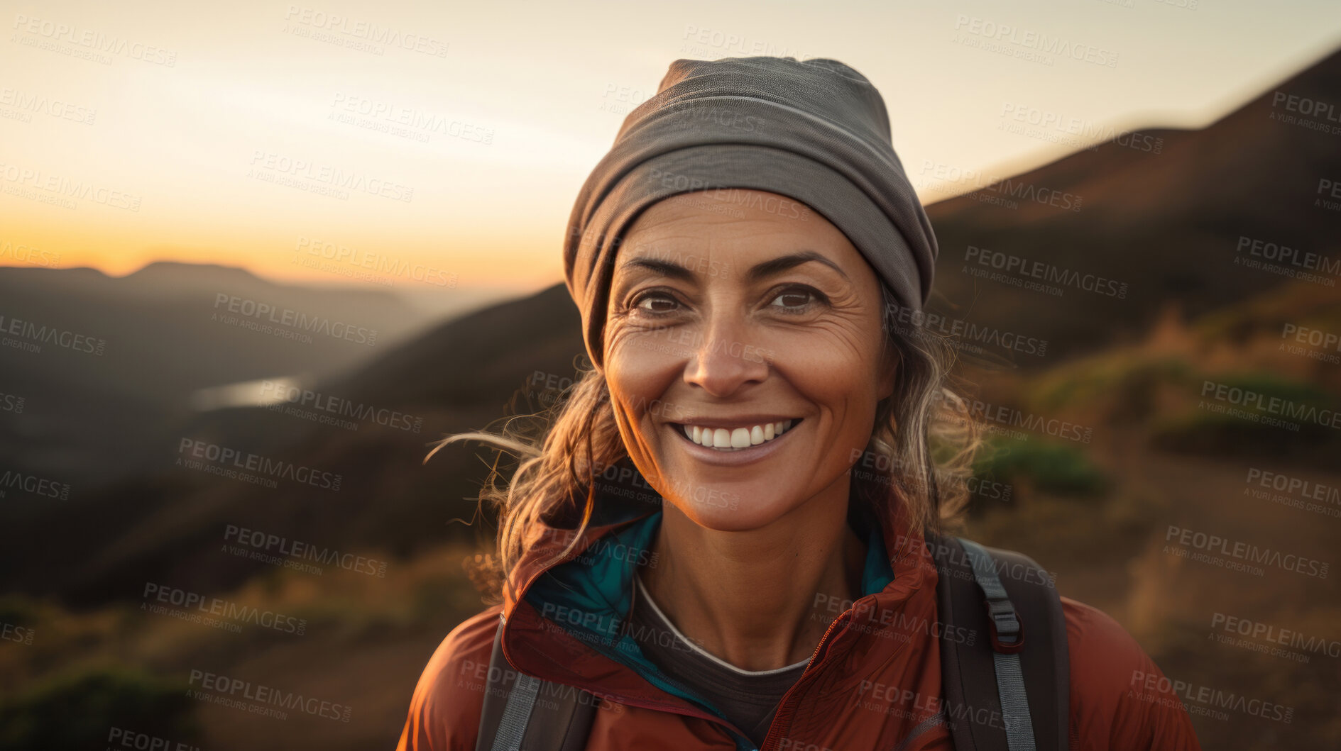 Buy stock photo Close-up portrait of woman smiling at camera during hike. Sunset or sunrise.