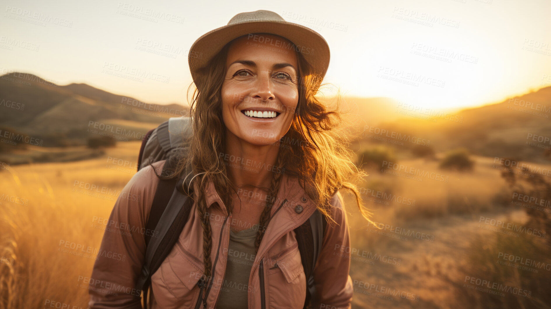 Buy stock photo Portrait of woman smiling at camera during hike. Sunset or sunrise.