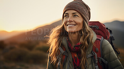 Buy stock photo Portrait of woman smiling, looking up during hike. Sunset or sunrise.