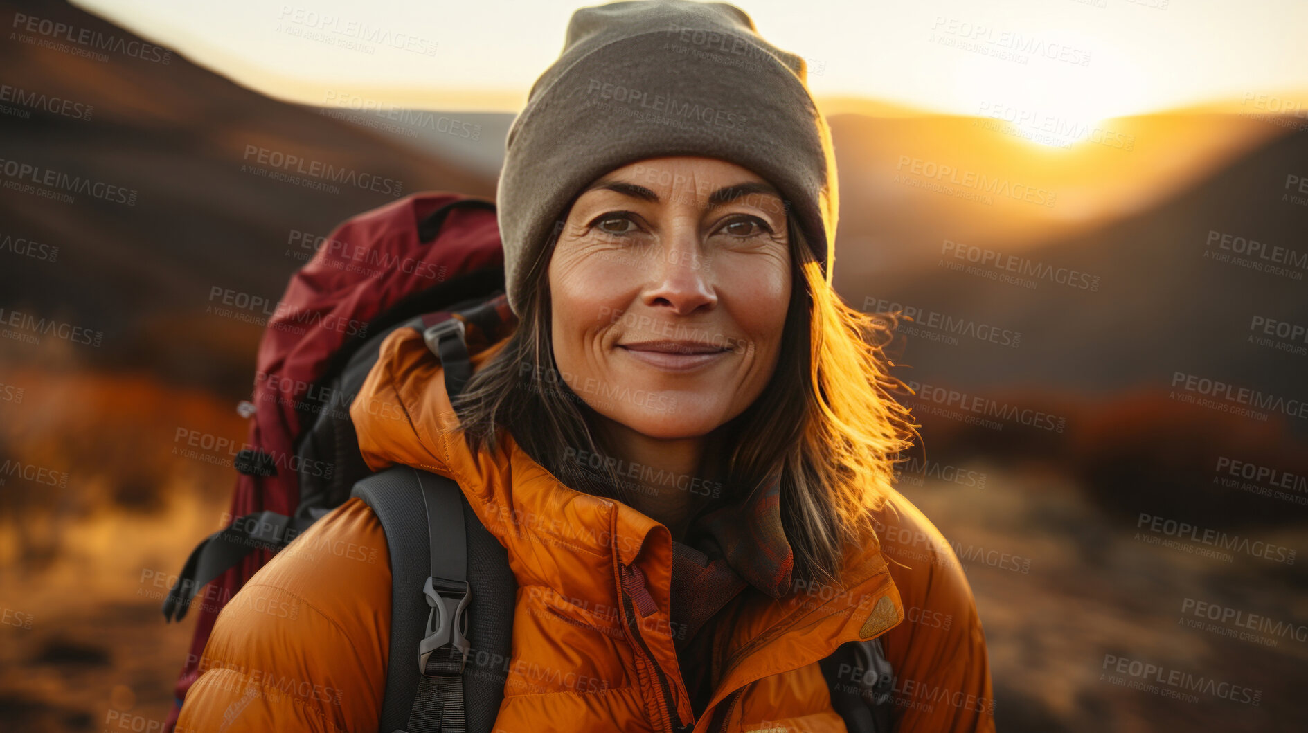 Buy stock photo Portrait of woman smiling at camera during hike. Sunset or sunrise.