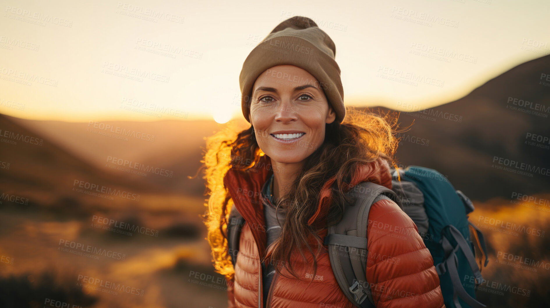 Buy stock photo Portrait of woman smiling at camera during hike. Sunset or sunrise.