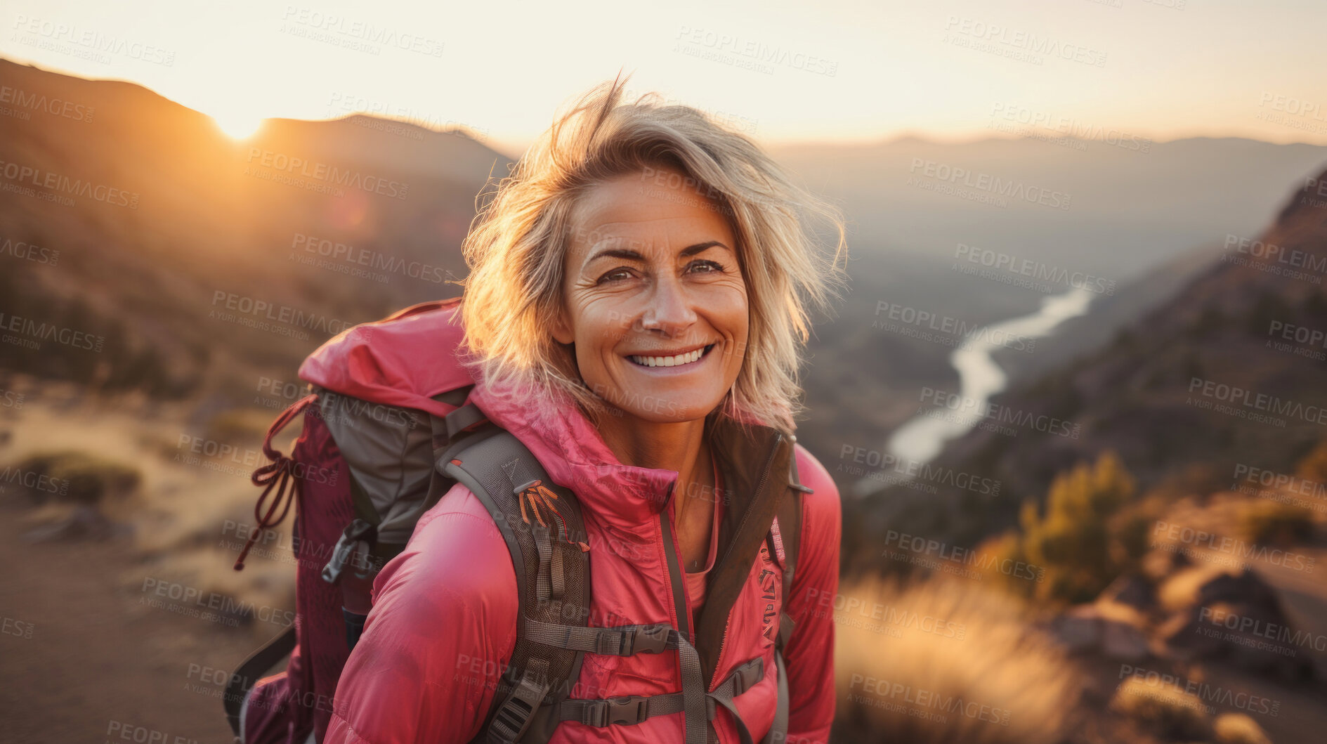 Buy stock photo Portrait of woman smiling at camera during hike. Sunset or sunrise.