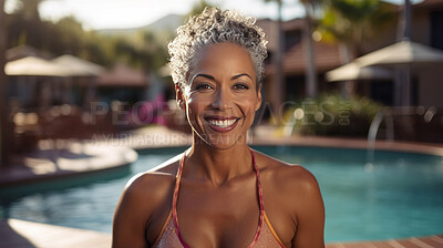 Buy stock photo Happy senior woman posing at poolside at holiday resort. Vacation concept.