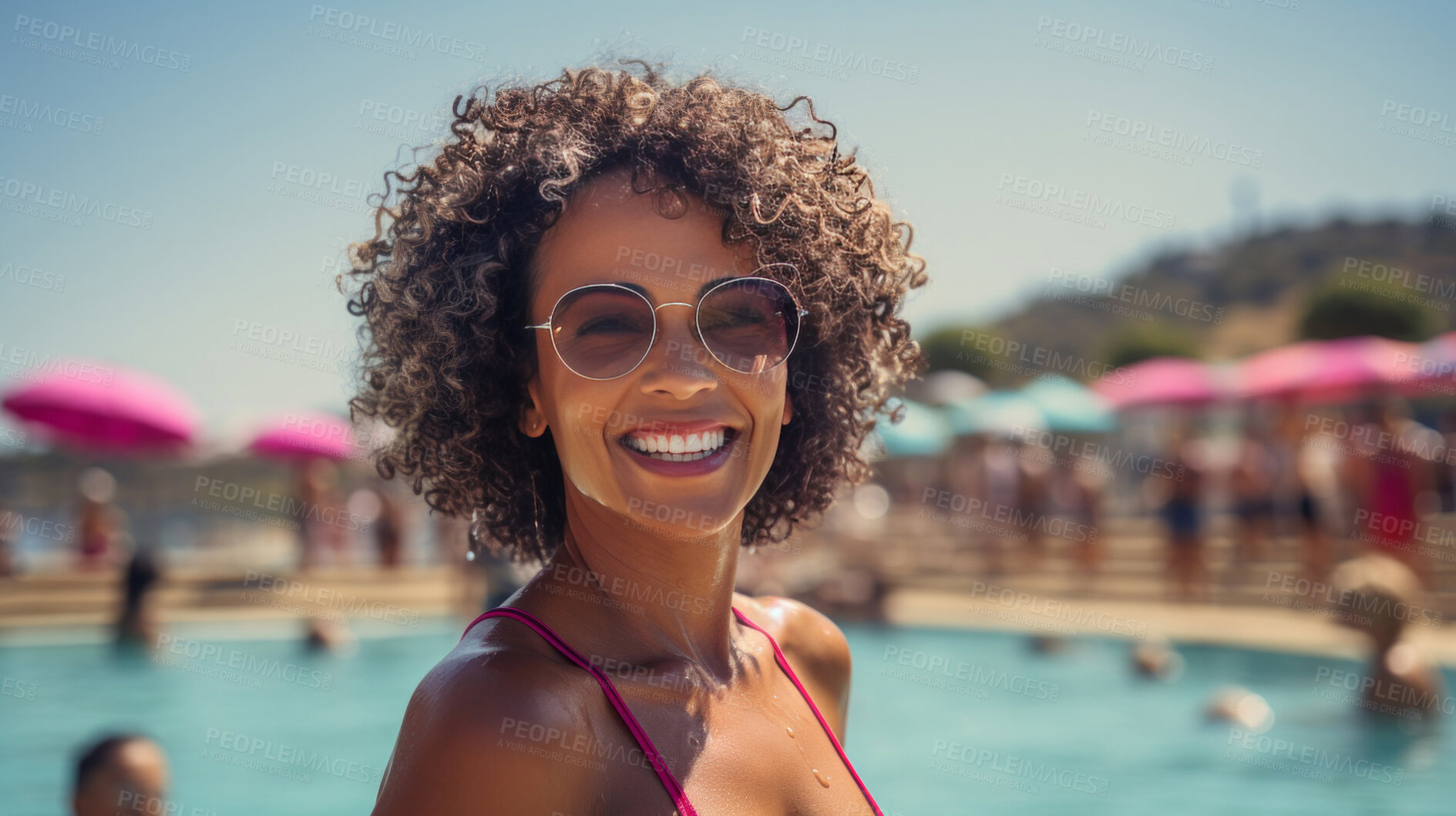 Buy stock photo Happy senior woman posing at poolside at holiday resort. Vacation concept.