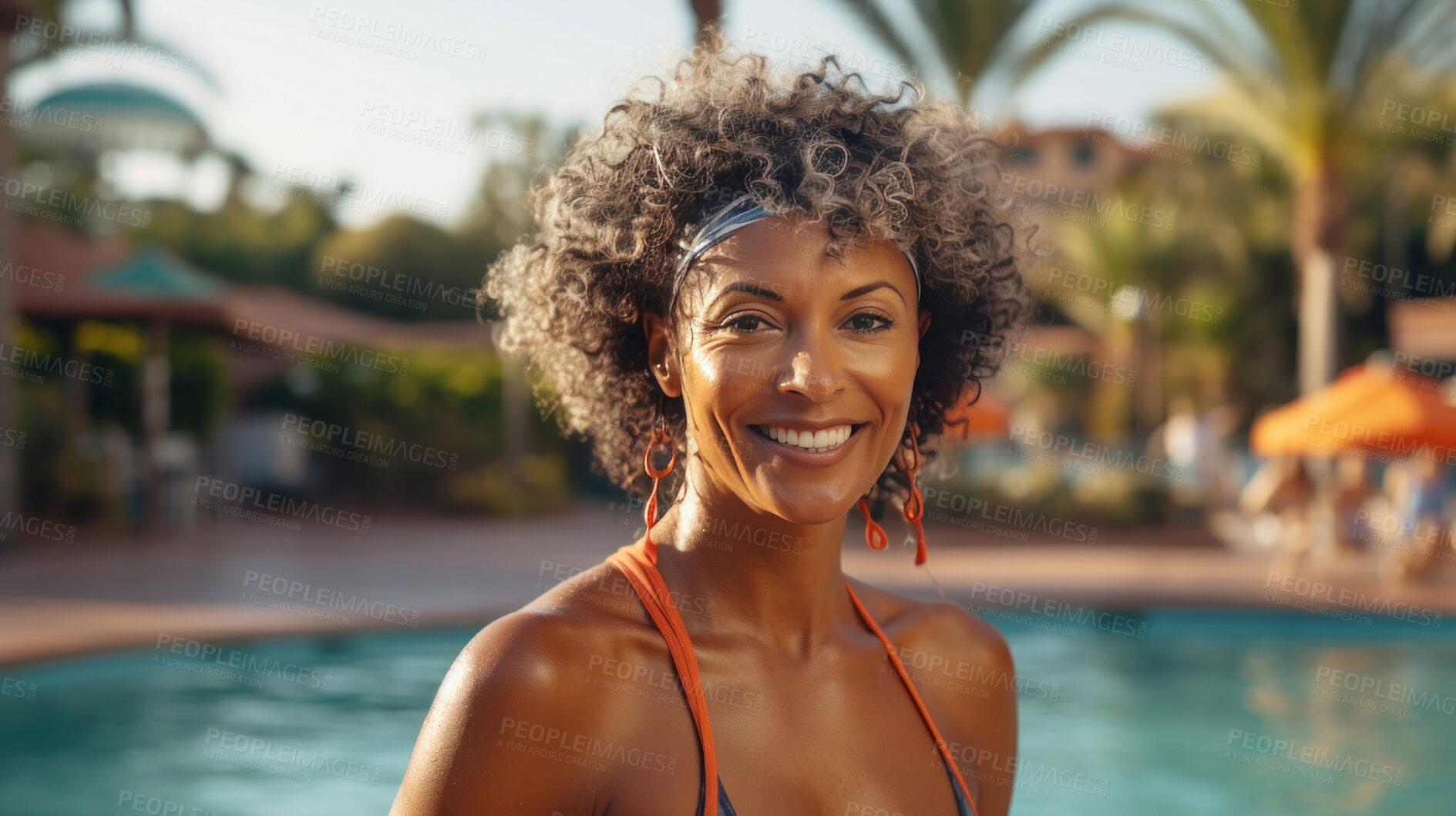 Buy stock photo Happy senior woman posing at poolside at holiday resort. Vacation concept.