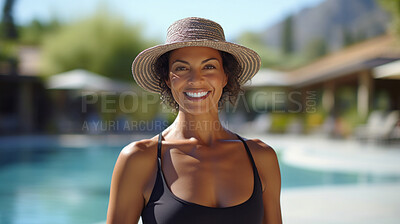 Buy stock photo Happy senior woman posing at poolside at holiday resort. Vacation concept.