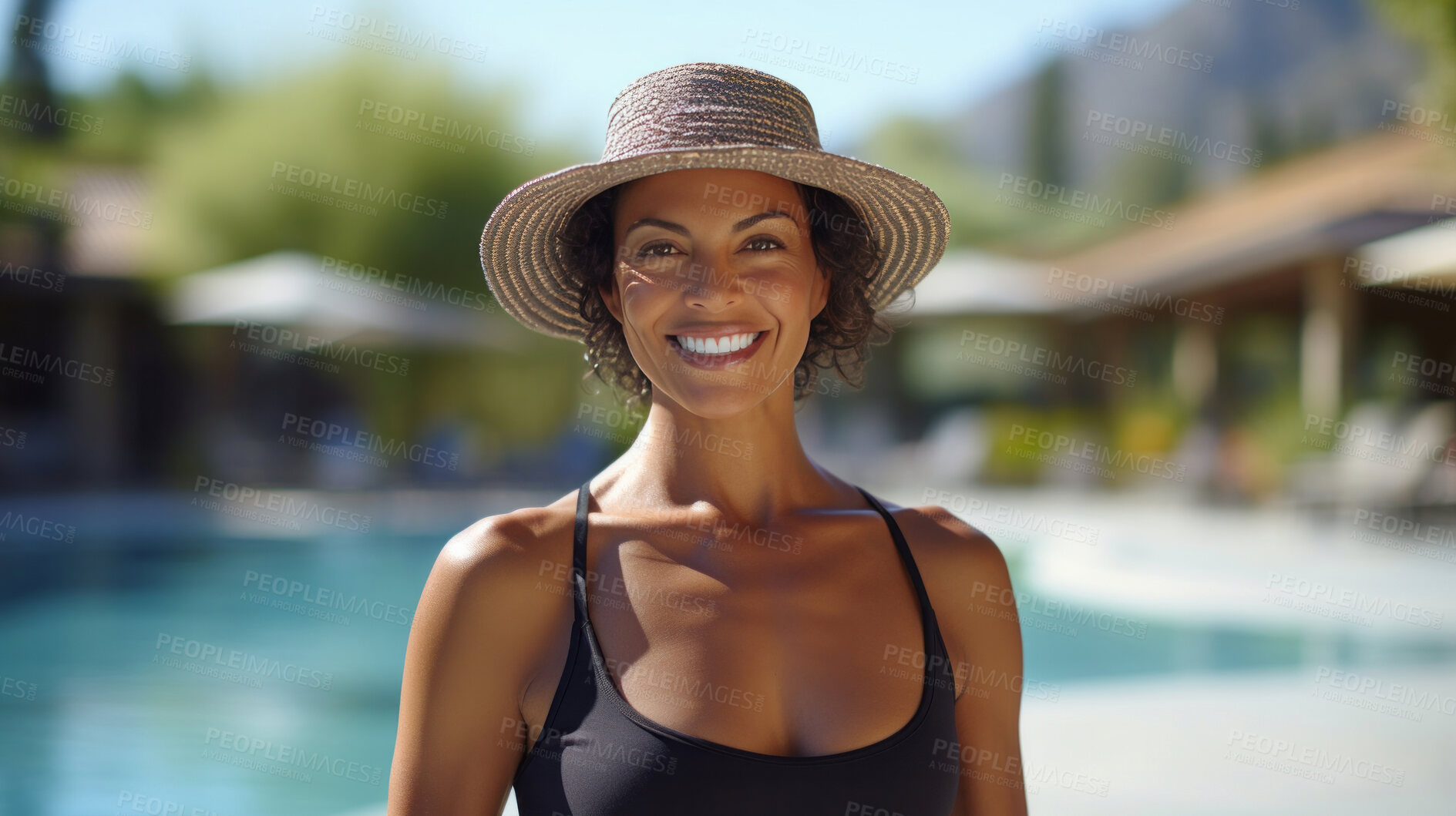 Buy stock photo Happy senior woman posing at poolside at holiday resort. Vacation concept.