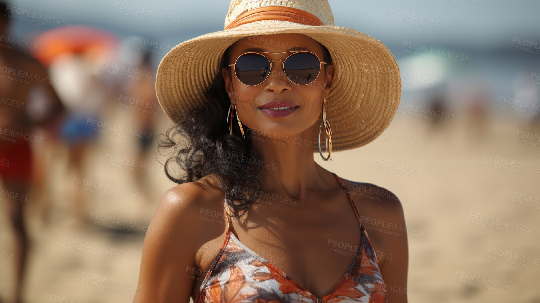 Buy stock photo Happy senior woman posing on beach. Vacation concept.