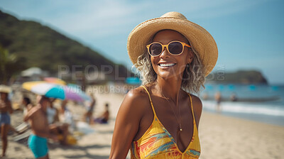 Buy stock photo Happy senior woman posing on beach. Vacation concept.