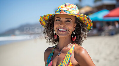 Buy stock photo Happy senior woman posing on beach. Vacation concept.