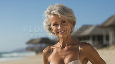 Buy stock photo Happy senior woman posing on beach. Vacation concept.