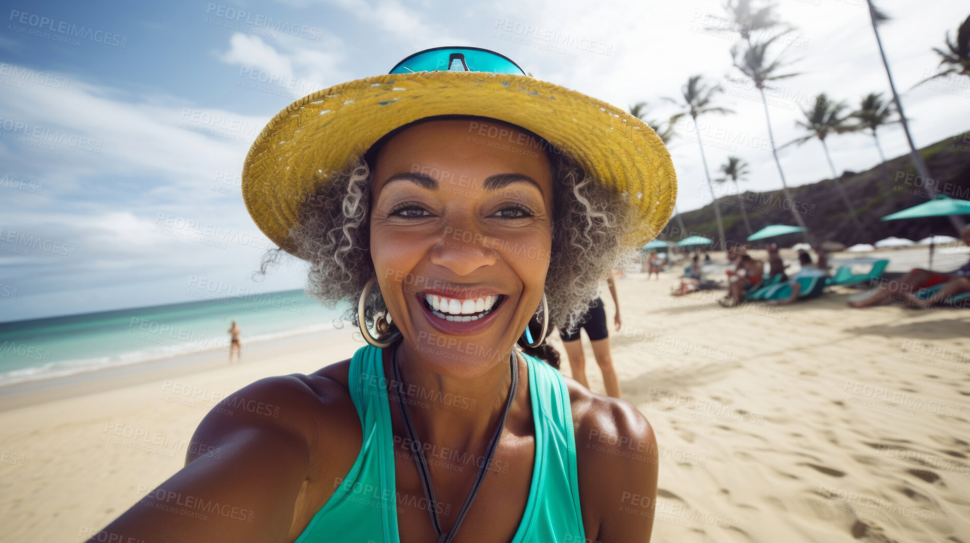 Buy stock photo Happy senior woman taking selfie on beach. Vacation concept.