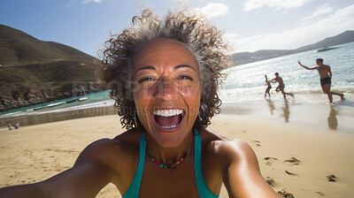 Buy stock photo Happy senior woman taking selfie on beach. Vacation concept.