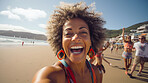 Happy senior woman taking selfie on beach. Vacation concept.