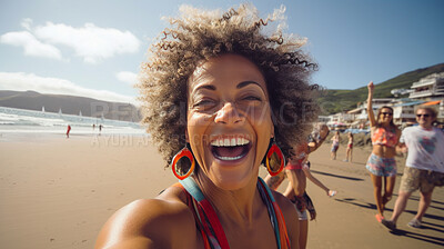 Buy stock photo Happy senior woman taking selfie on beach. Vacation concept.