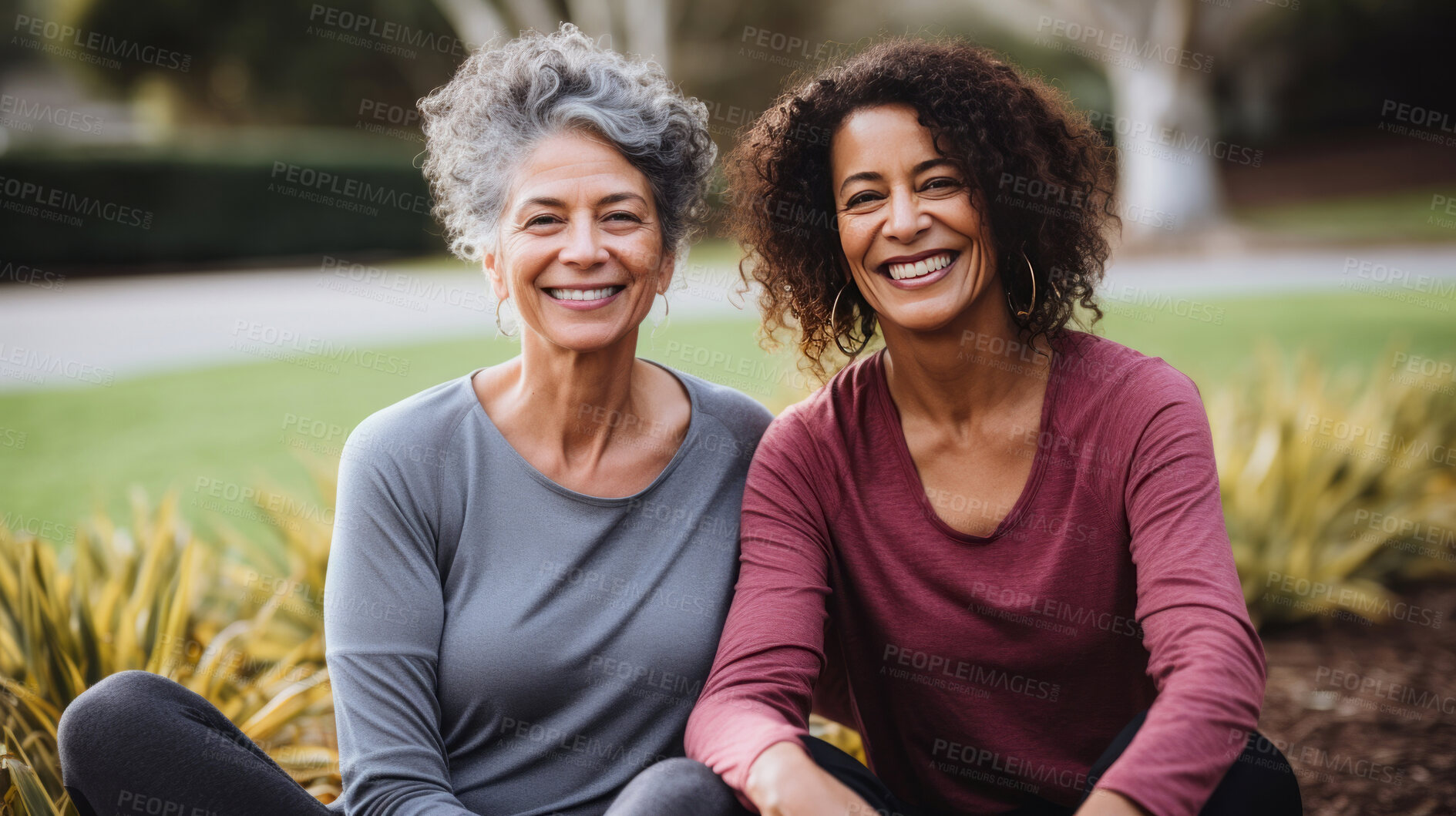 Buy stock photo Senior woman smiling at camera. Yoga session in garden.