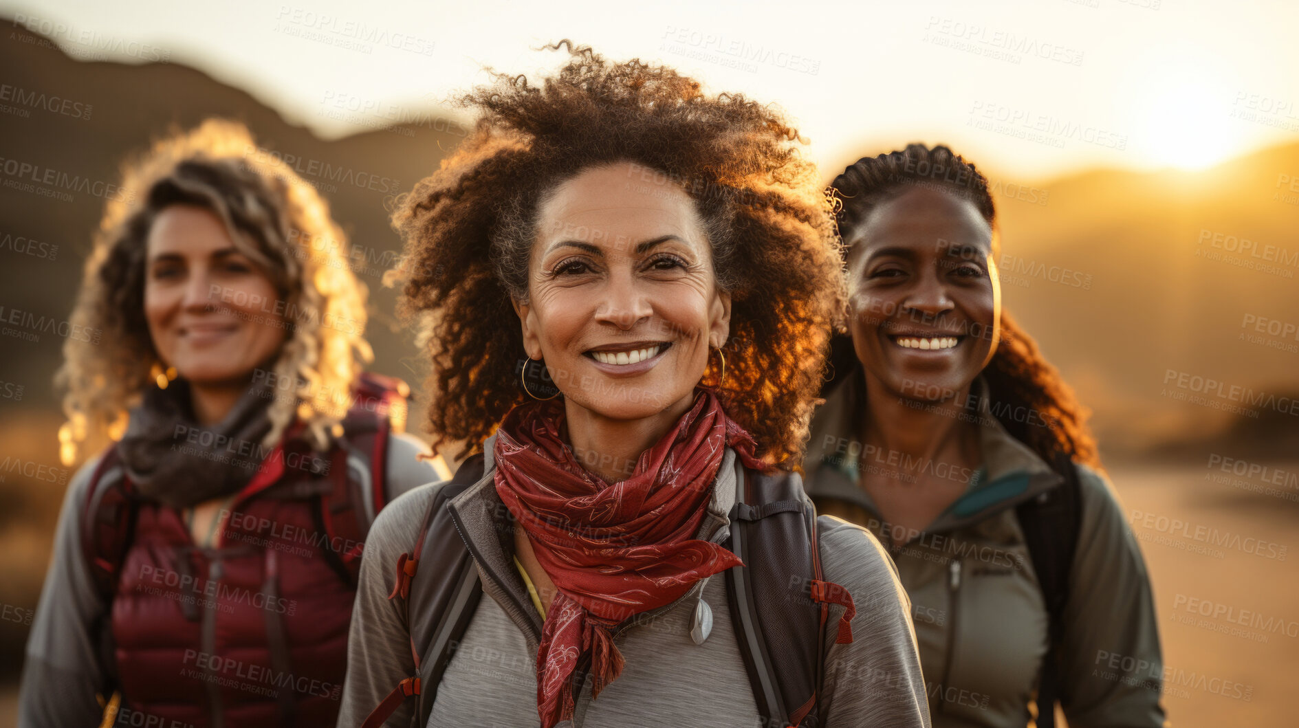 Buy stock photo Women Smiling at camera during sunset hike. Group hike. Lifestyle concept.