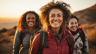 Buy stock photo Women Smiling at camera during sunset hike. Group hike. Lifestyle concept.