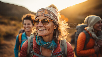 Group of senior women. Sunset or sunrise hike. Healthy lifestyle concept.