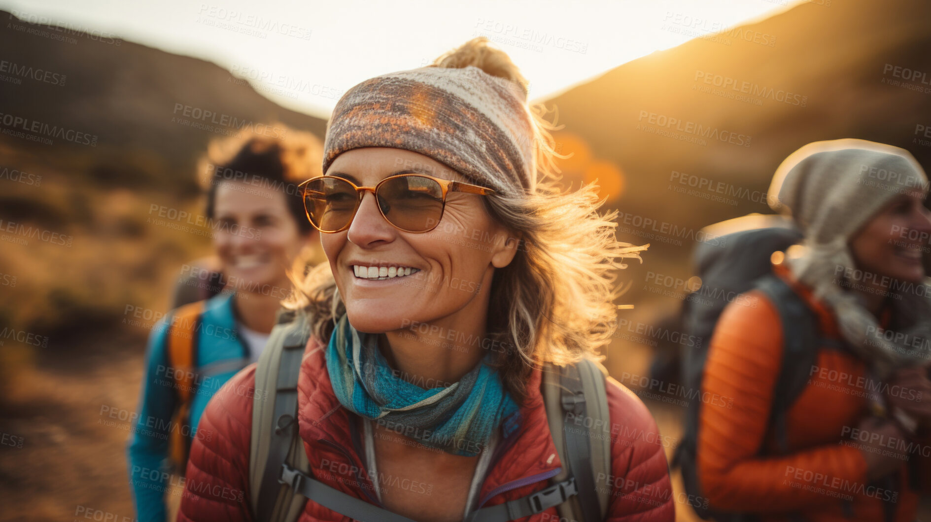 Buy stock photo Group of senior women. Sunset or sunrise hike. Healthy lifestyle concept.