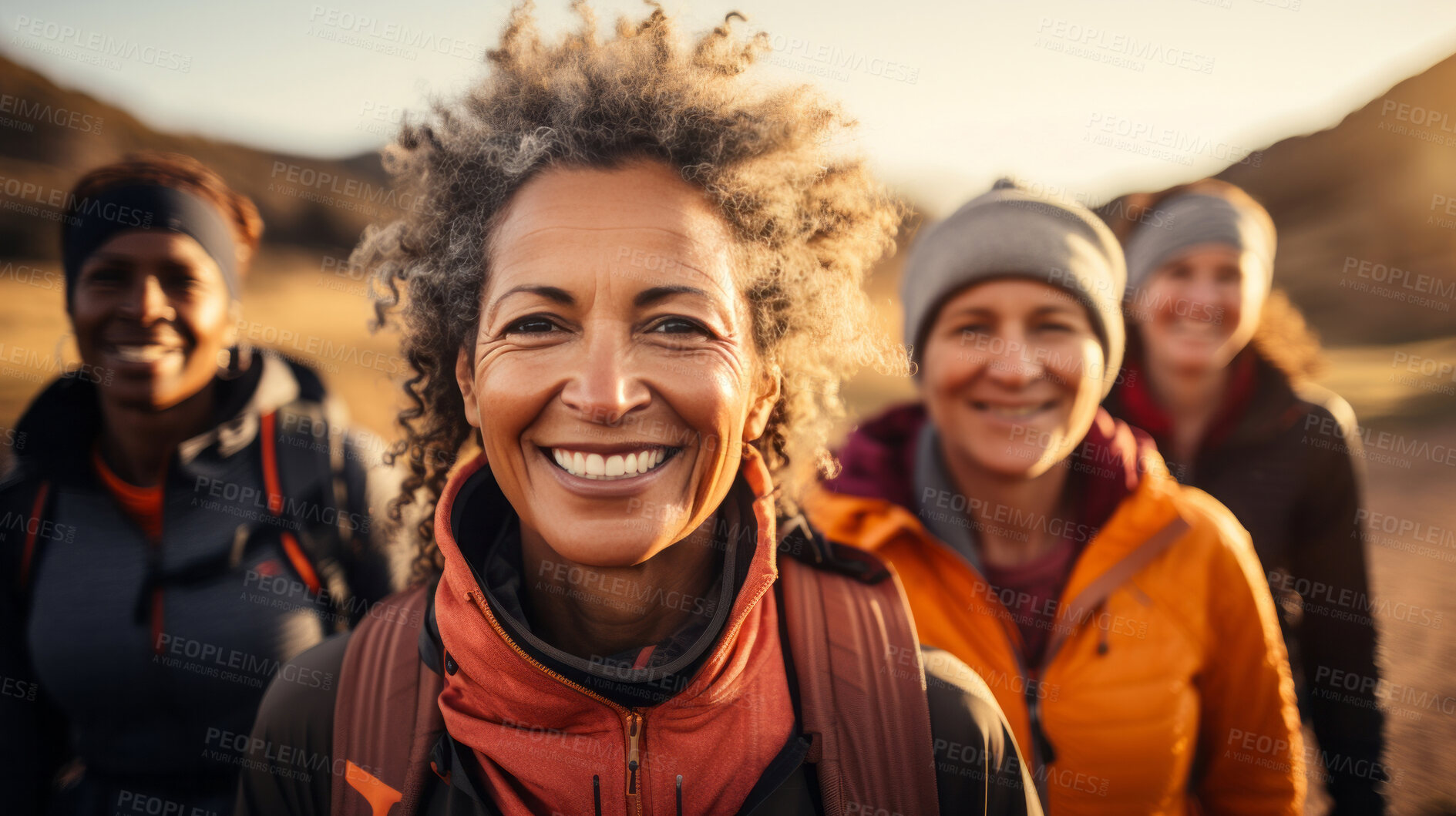 Buy stock photo Group of senior women posing  during sunset or sunrise hike. Healthy lifestyle concept.