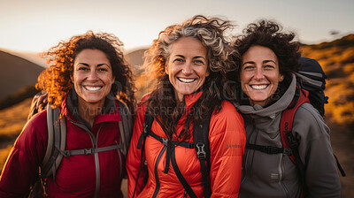 Buy stock photo Group of senior women posing  during sunset or sunrise hike. Healthy lifestyle concept.