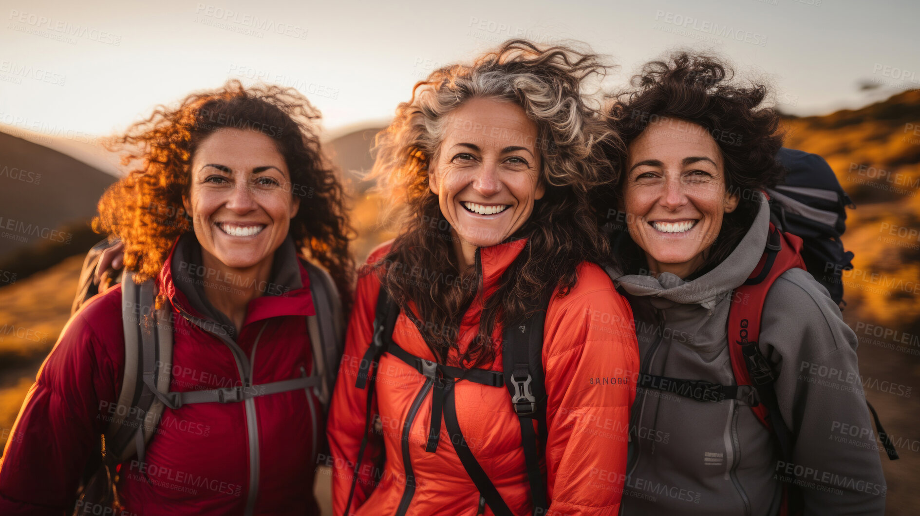 Buy stock photo Group of senior women posing  during sunset or sunrise hike. Healthy lifestyle concept.