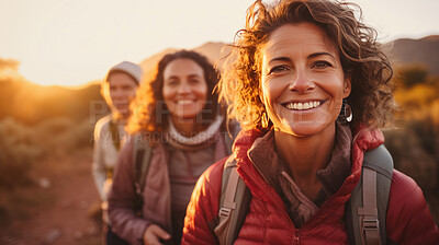 Group of senior women on a hike during sunset or sunrise. Healthy lifestyle concept.