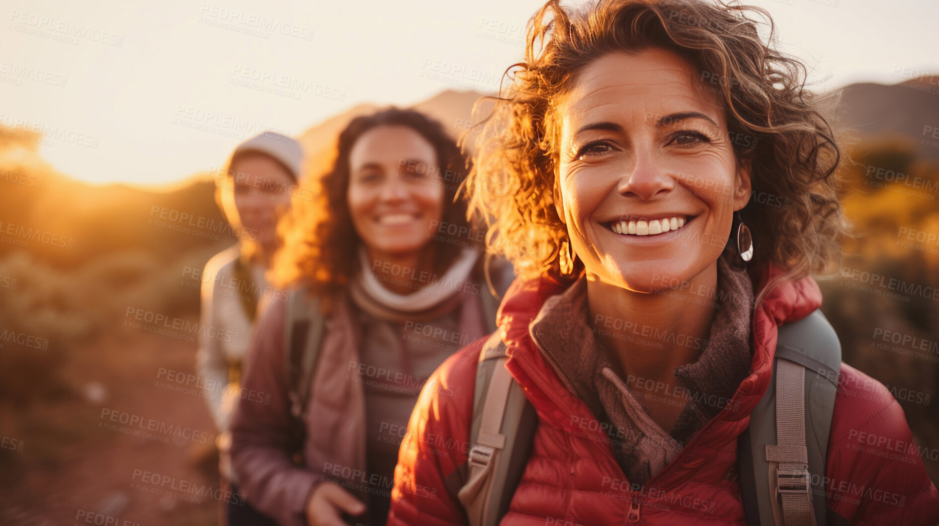 Buy stock photo Group of senior women on a hike during sunset or sunrise. Healthy lifestyle concept.