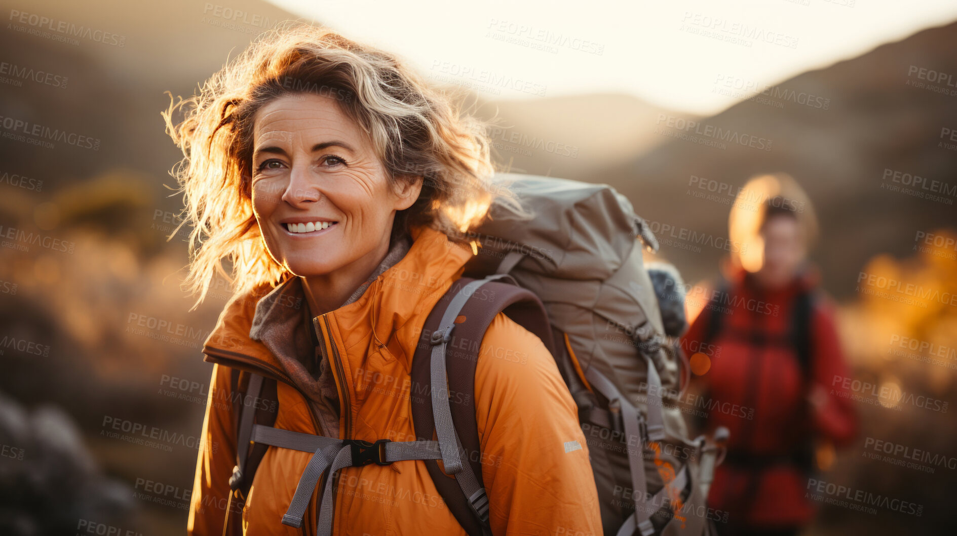 Buy stock photo Group of senior women on a hike during sunset or sunrise. Healthy lifestyle concept.