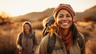 Buy stock photo Group of senior women on a hike during sunset or sunrise. Healthy lifestyle concept.