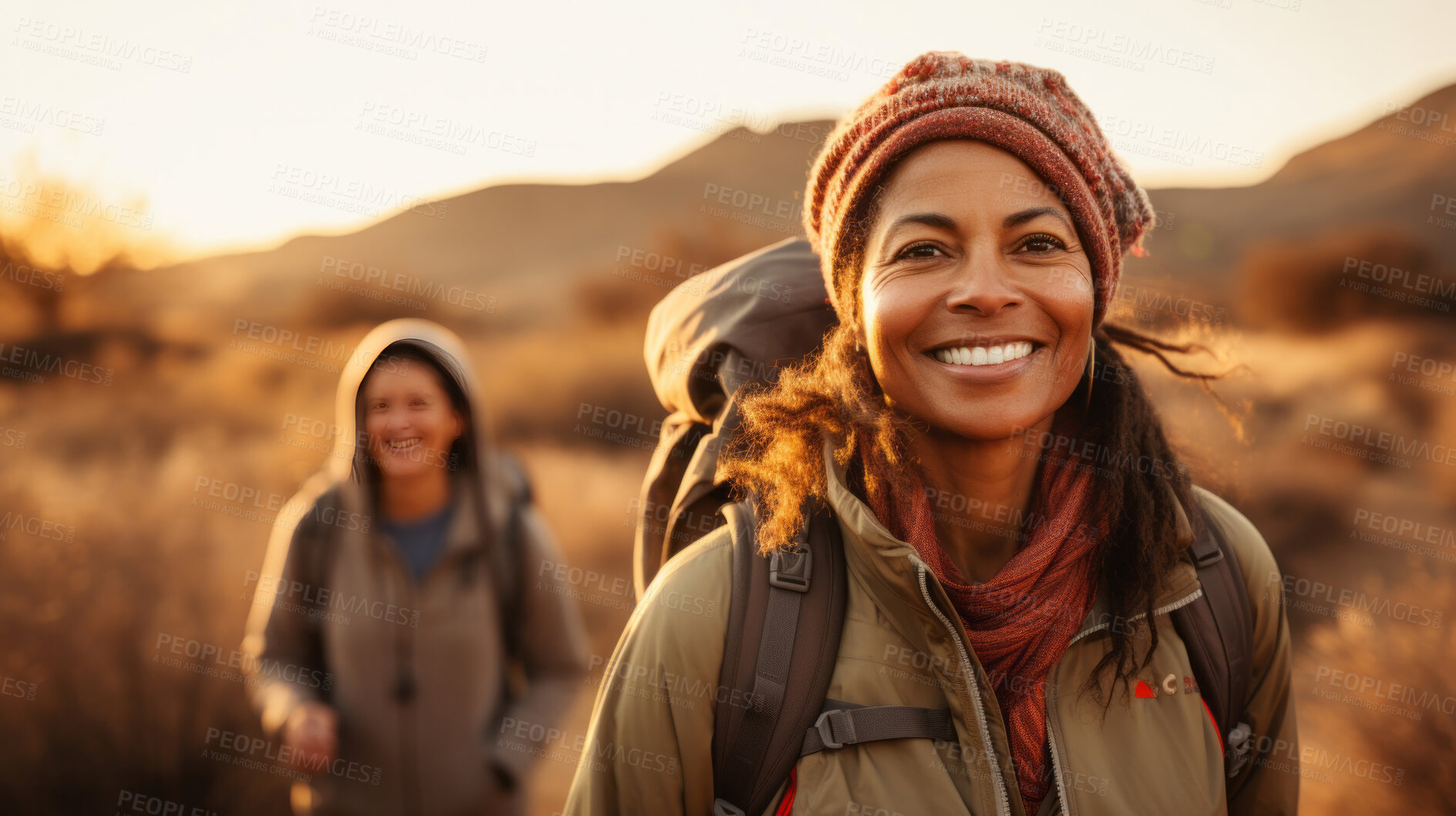 Buy stock photo Group of senior women on a hike during sunset or sunrise. Healthy lifestyle concept.