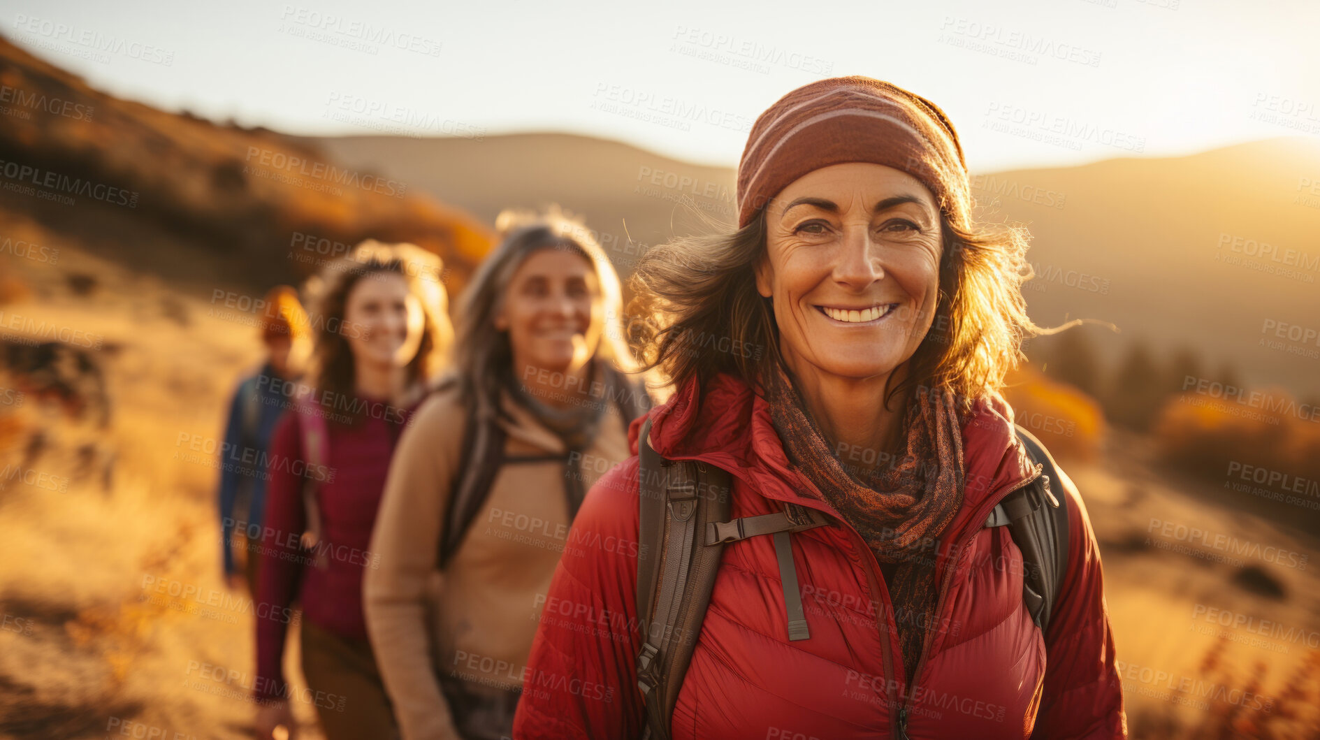 Buy stock photo Group of senior women on a hike during sunset or sunrise. Healthy lifestyle concept.