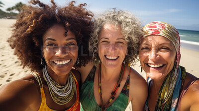 Buy stock photo Group selfie of senior women on beach. Happy seniors on vacation.