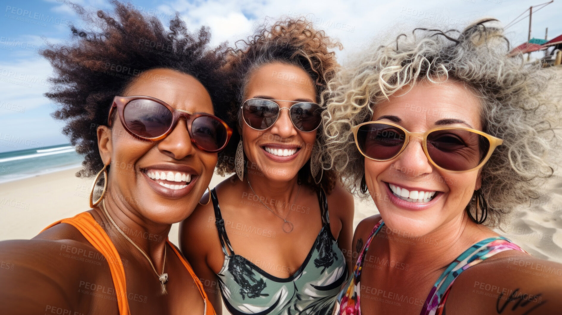 Buy stock photo Group selfie of senior women on beach. Happy seniors on vacation.