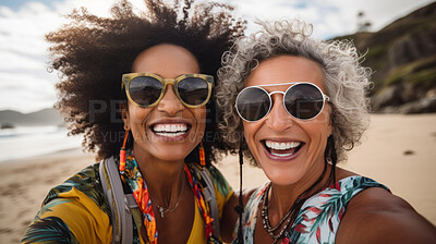 Buy stock photo Group selfie of senior women on beach. Happy seniors on vacation.