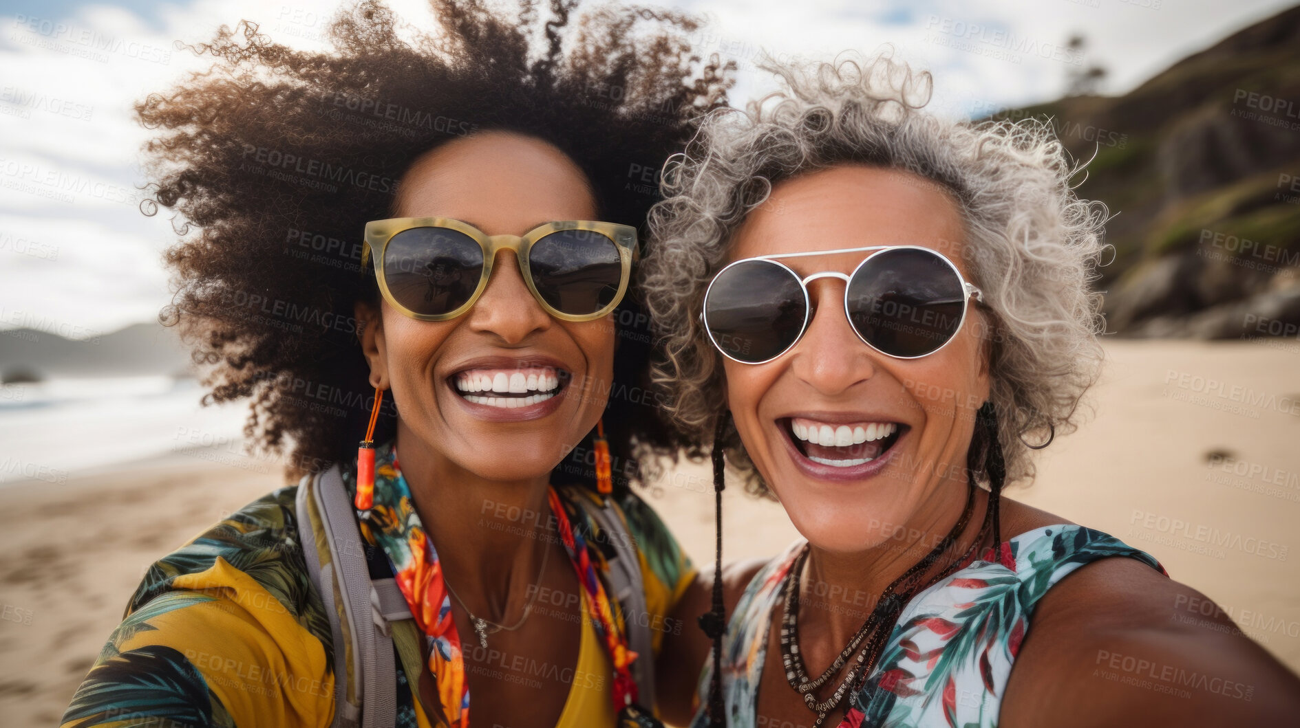 Buy stock photo Group selfie of senior women on beach. Happy seniors on vacation.