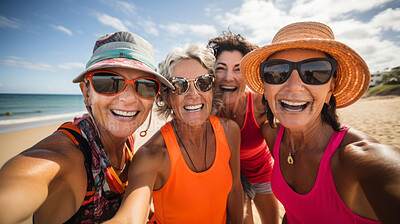 Buy stock photo Group selfie of senior women on beach. Happy seniors on vacation.