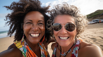 Buy stock photo Group selfie of senior women on beach. Happy seniors on vacation.