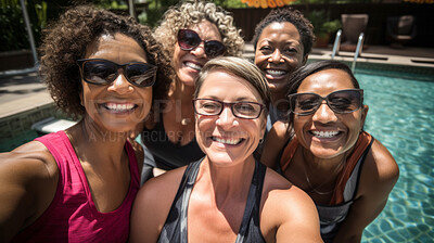 Buy stock photo Group selfie of senior women in pool. Happy seniors on vacation.