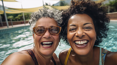 Buy stock photo Group selfie of senior women in pool. Happy seniors on vacation.