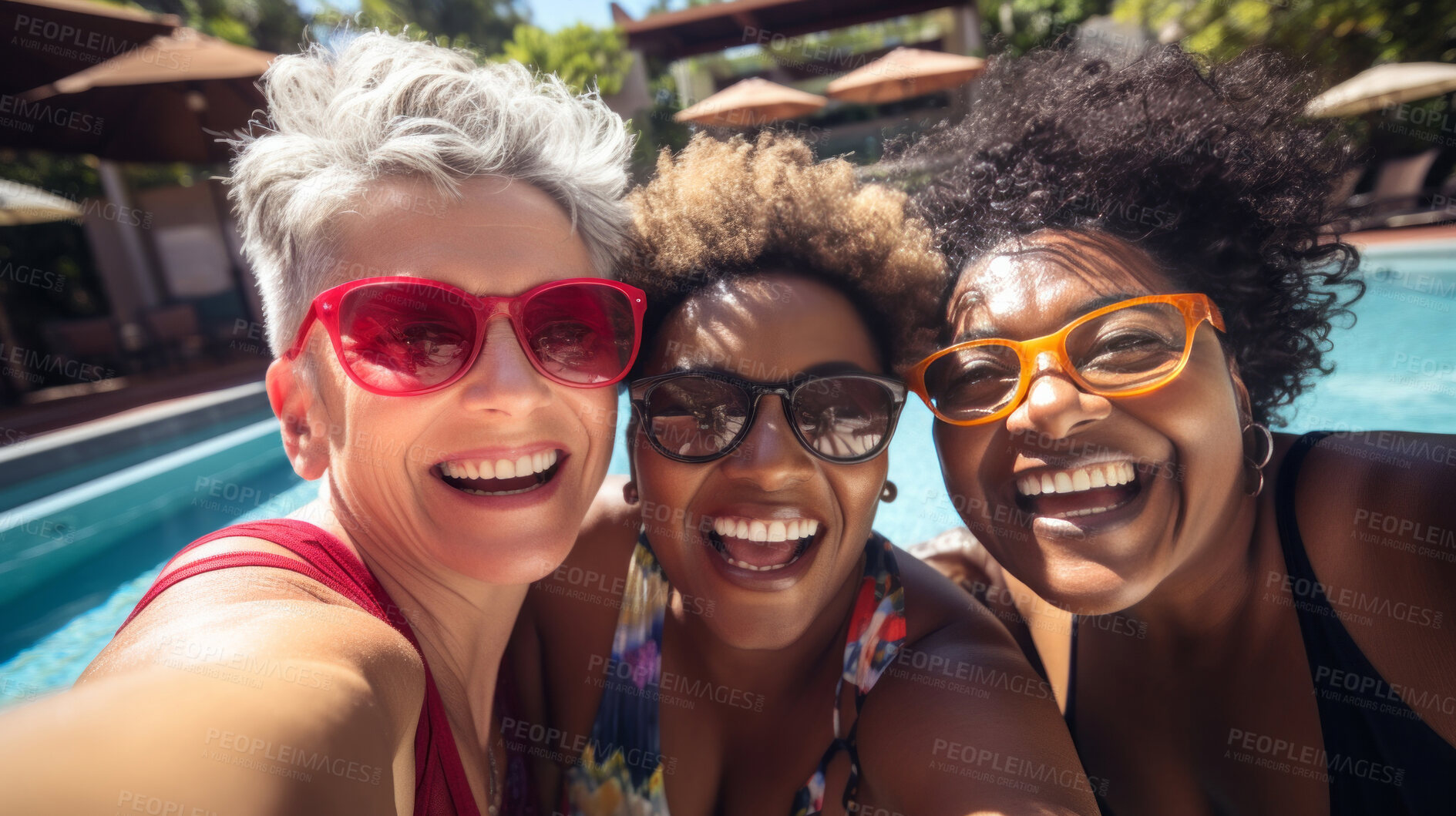 Buy stock photo Group selfie of senior woman at poolside. Happy seniors on vacation.