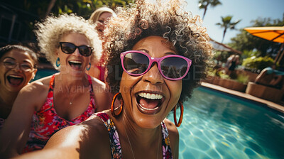 Buy stock photo Group selfie of senior woman in  pool. Happy seniors on vacation.