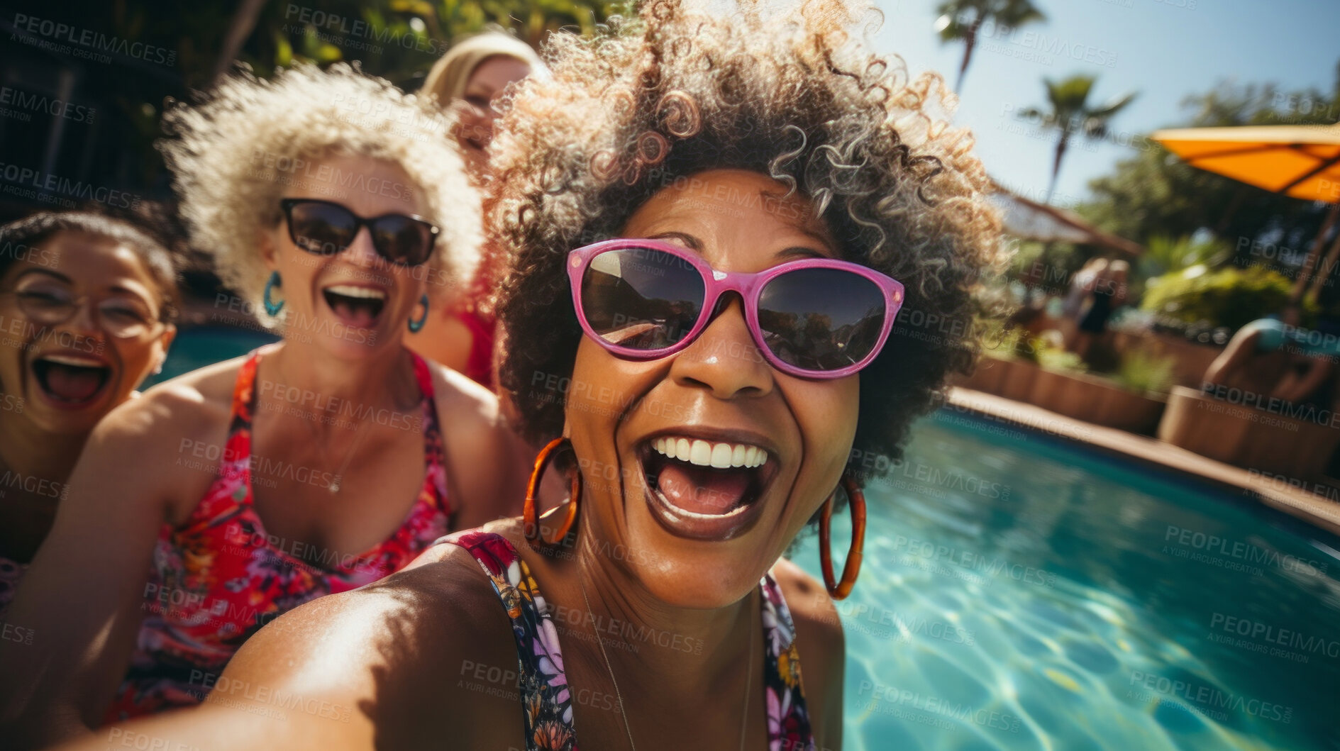 Buy stock photo Group selfie of senior woman in  pool. Happy seniors on vacation.