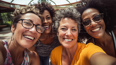 Buy stock photo Group selfie of senior woman at poolside. Happy seniors on vacation.